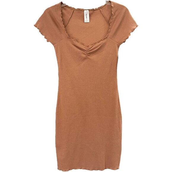 Abound Women's Brown Lettuce Edge Rib-Knit Bodycon Mini Dress Size XS - Picture 1 of 9